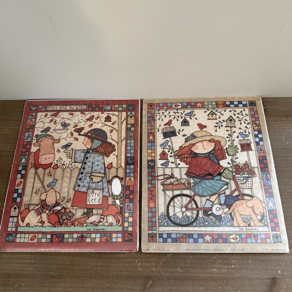 New Art Prints 8x10 Sue Dreamer Garden Birds Dog Cat Whimsical folk art Set Of 2